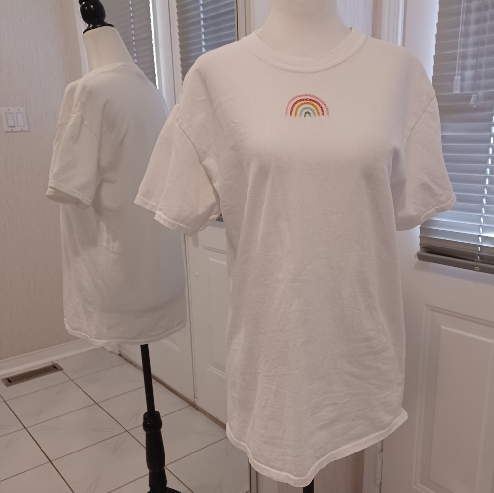 4/$80 New White Tee With Embroidered "Rainbow" - Size M (Men) or Size L (Women)